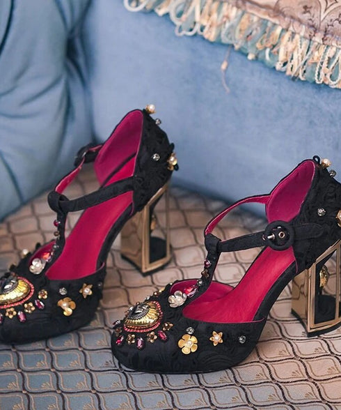 Embellished T-Strap Heels